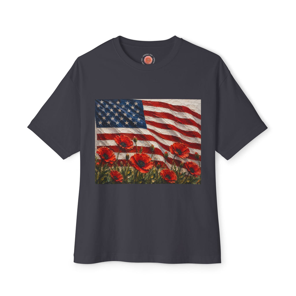 American Flag Poppy Tee Shirt -Unisex Oversized Boxy Tee