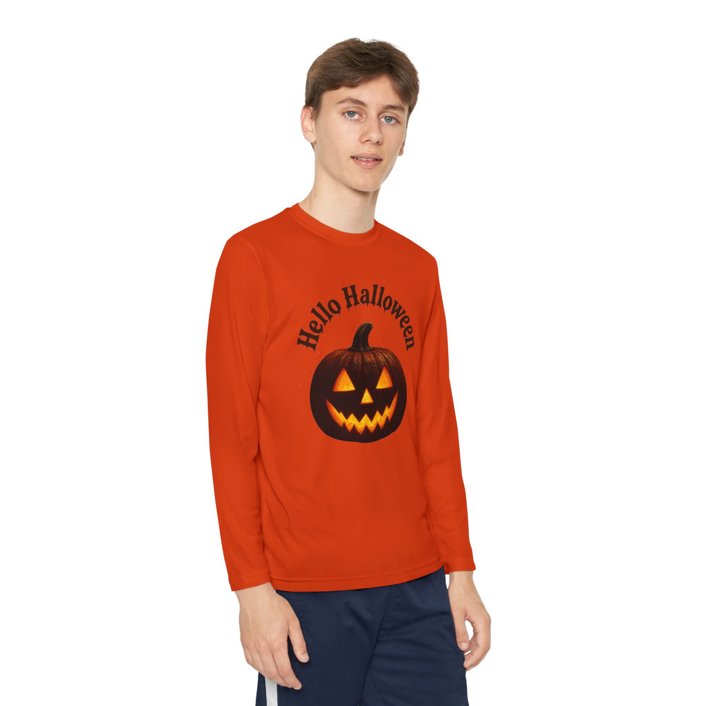 Youth Long Sleeve Tee - 'Hello Halloween' Jack-o'-Lantern Pumpkin Shirt