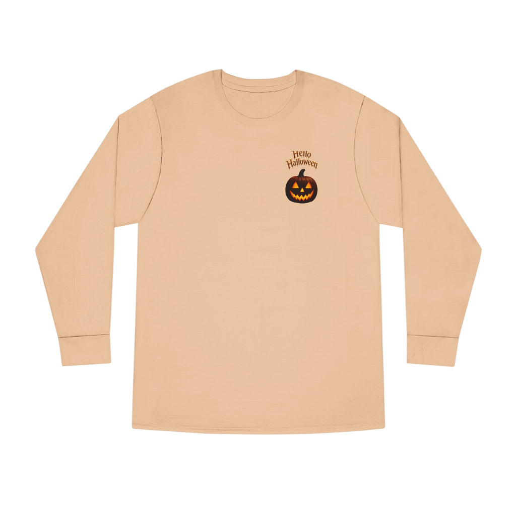 Halloween Cat Long Sleeve Tee — 'Hello Halloween' Jack-O'-Lantern Graphic