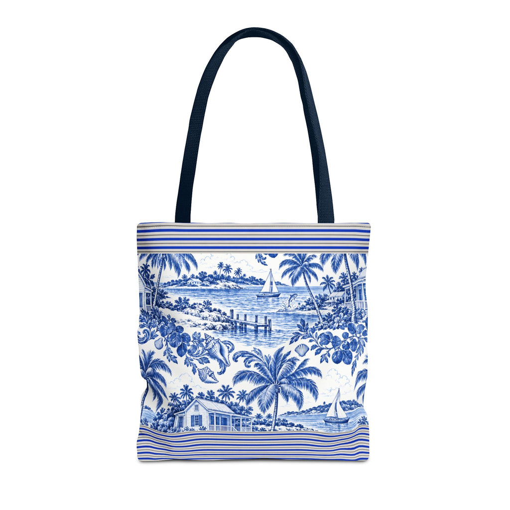 Nassau Blue Coastal Toile Tote Bag — Nautical Bahama / Palm Beach Scene All-Over Print