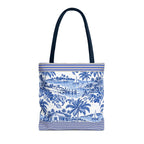 Nassau Blue Coastal Toile Tote Bag — Nautical Bahama / Palm Beach Scene All-Over Print