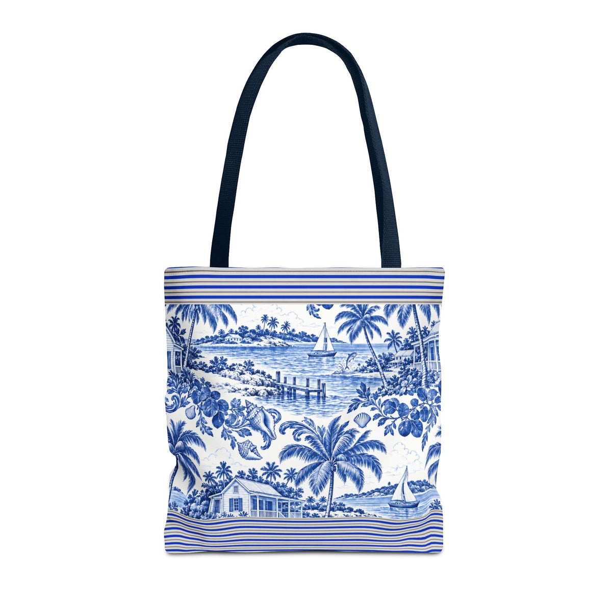Nassau Blue Coastal Toile Tote Bag — Nautical Bahama / Palm Beach Scene All-Over Print