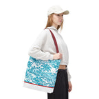 Turquoise coastal Toile Tote Bag- Palm Trees & Island Houses.