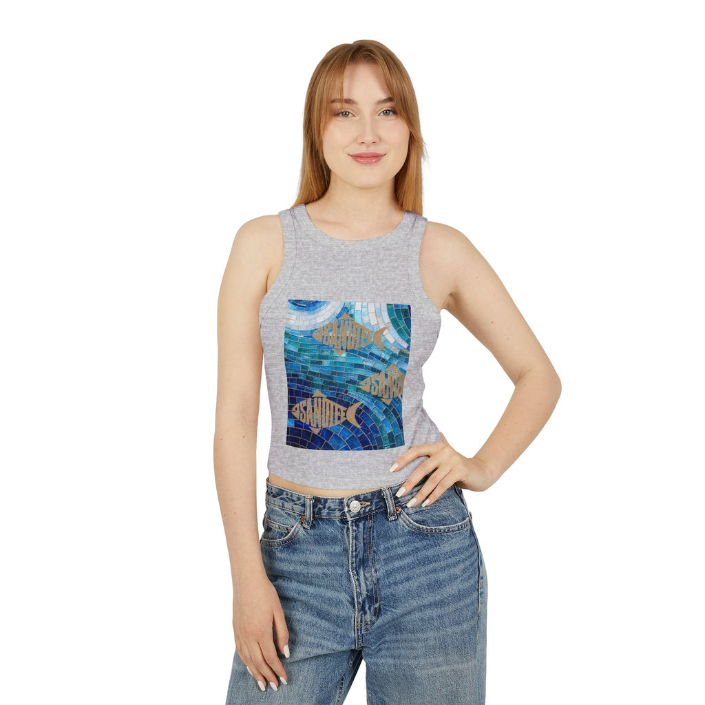 Ocean Mosaic Fish Racer Tank Top — Beachy Blue Graphic Crop Tank