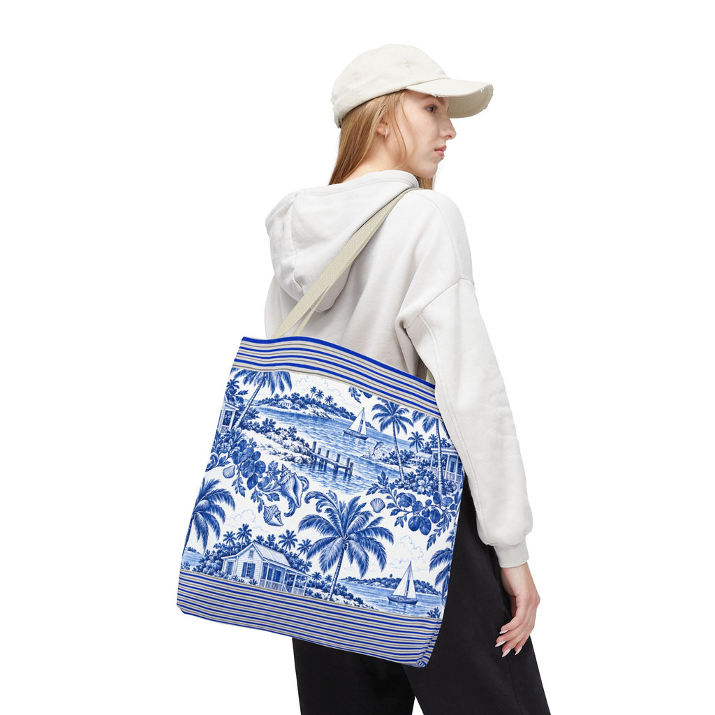 Nassau Blue Coastal Toile Tote Bag — Nautical Bahama / Palm Beach Scene All-Over Print