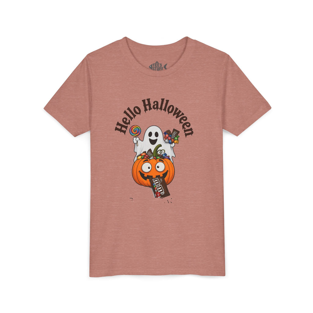 Youth Halloween Tee - "Hello Halloween" Ghost & Pumpkin Trick-or-Treat Shirt