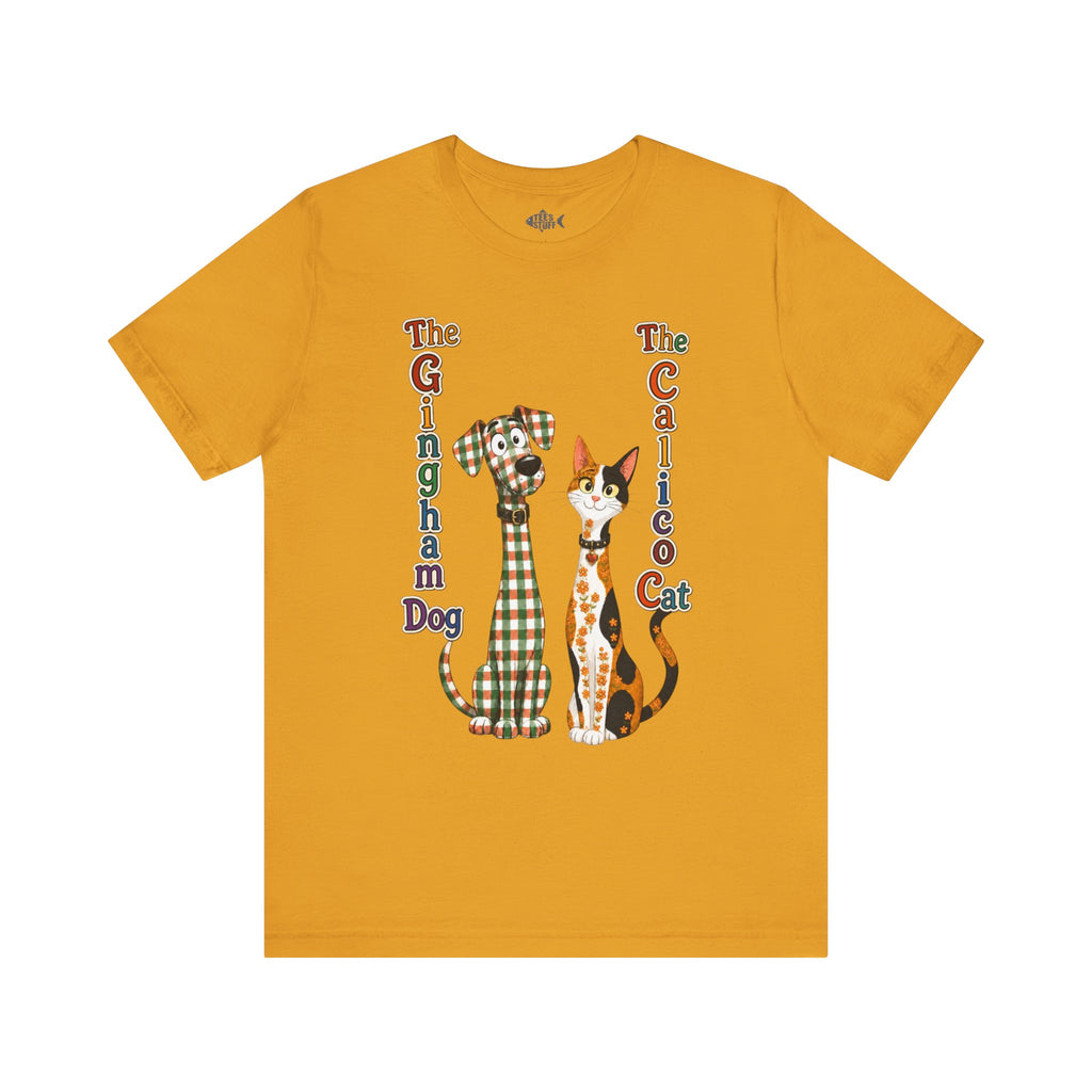 Gingham Dog & Calico Cat Tee — Plaid Pet Illustration T-Shirt