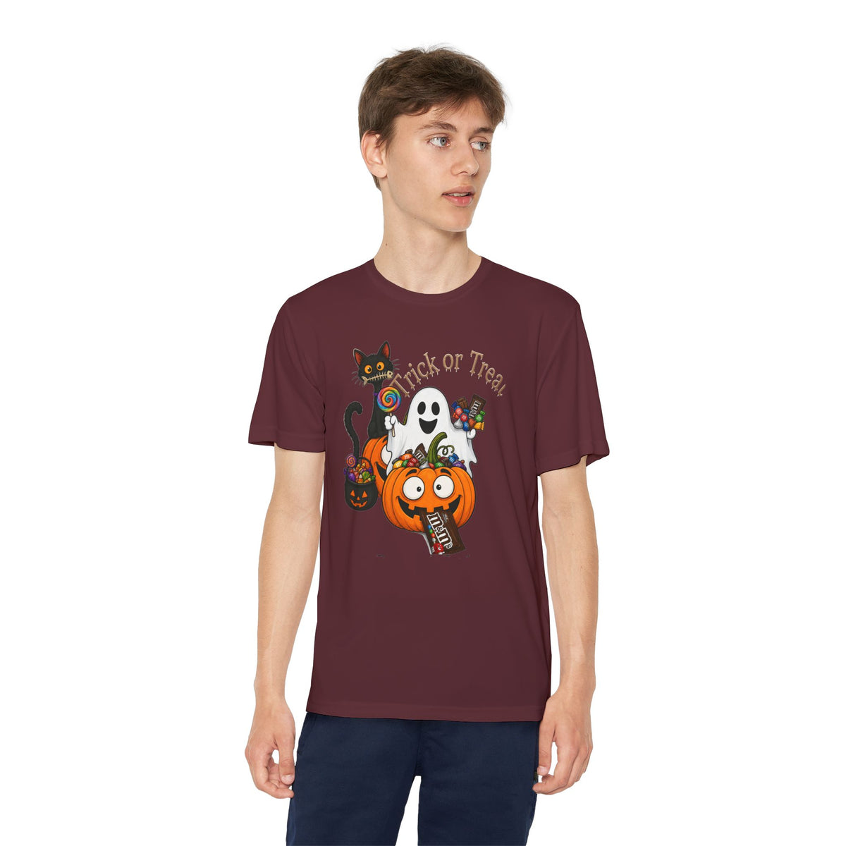 Kids Halloween Trick or Treat T-Shirt — Cute Pumpkin, Ghost & Black Cat Design
