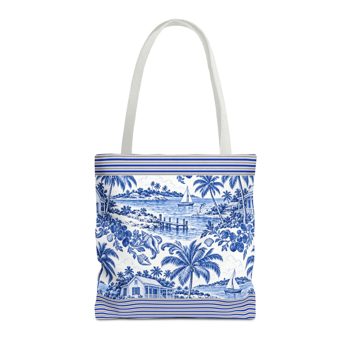 Nassau Blue Coastal Toile Tote Bag — Nautical Bahama / Palm Beach Scene All-Over Print