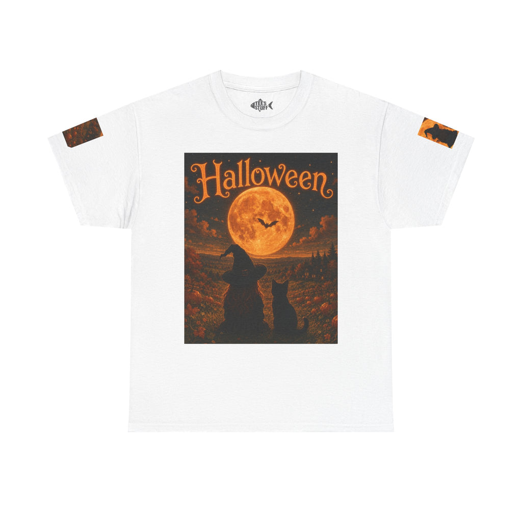 Halloween Graphic Tee — "It's Halloween" Witch & Cat Moon Design