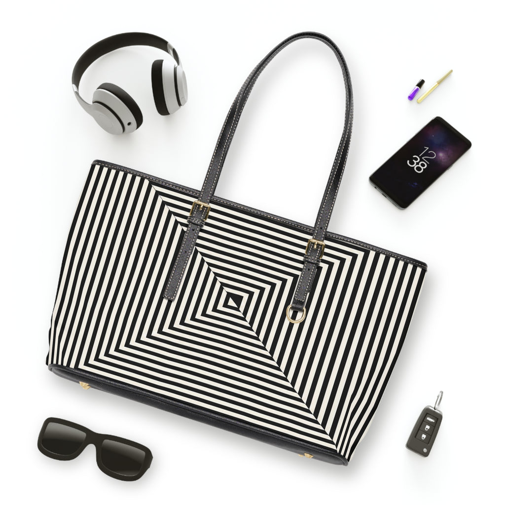 Geometric Spiral Tote Bag — Black & White Optical PU Shoulder Bag