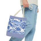 Nassau Blue Coastal Toile Tote Bag — Nautical Bahama / Palm Beach Scene All-Over Print