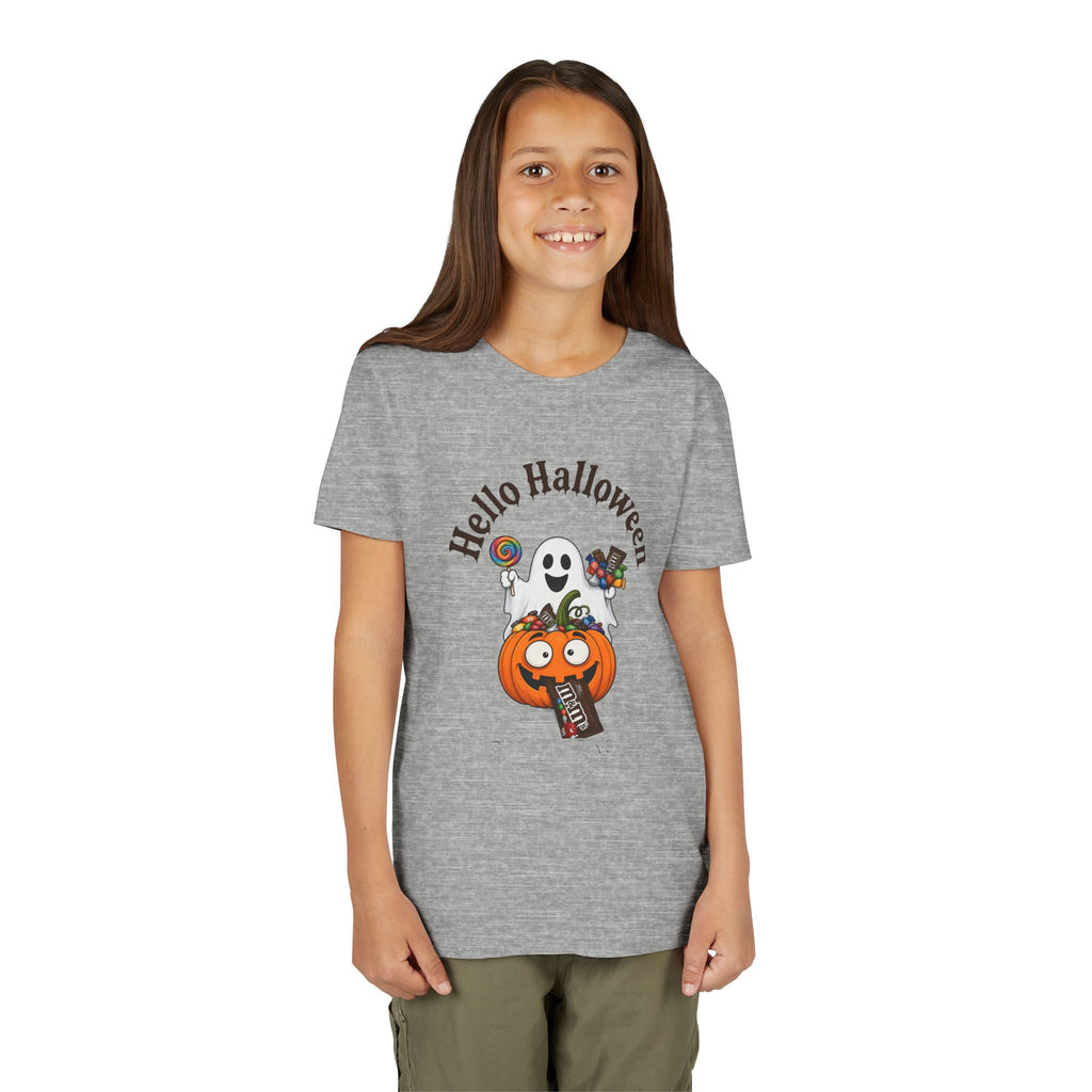 Youth Halloween Tee - "Hello Halloween" Ghost & Pumpkin Trick-or-Treat Shirt