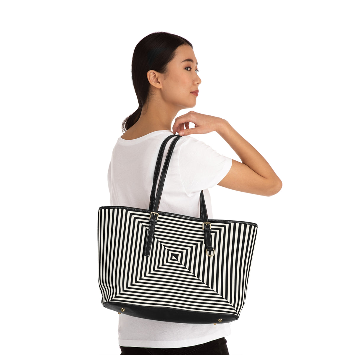 Geometric Spiral Tote Bag — Black & White Optical PU Shoulder Bag
