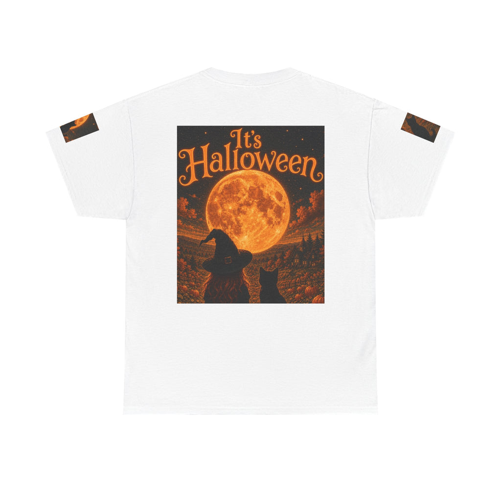Halloween Graphic Tee — "It's Halloween" Witch & Cat Moon Design