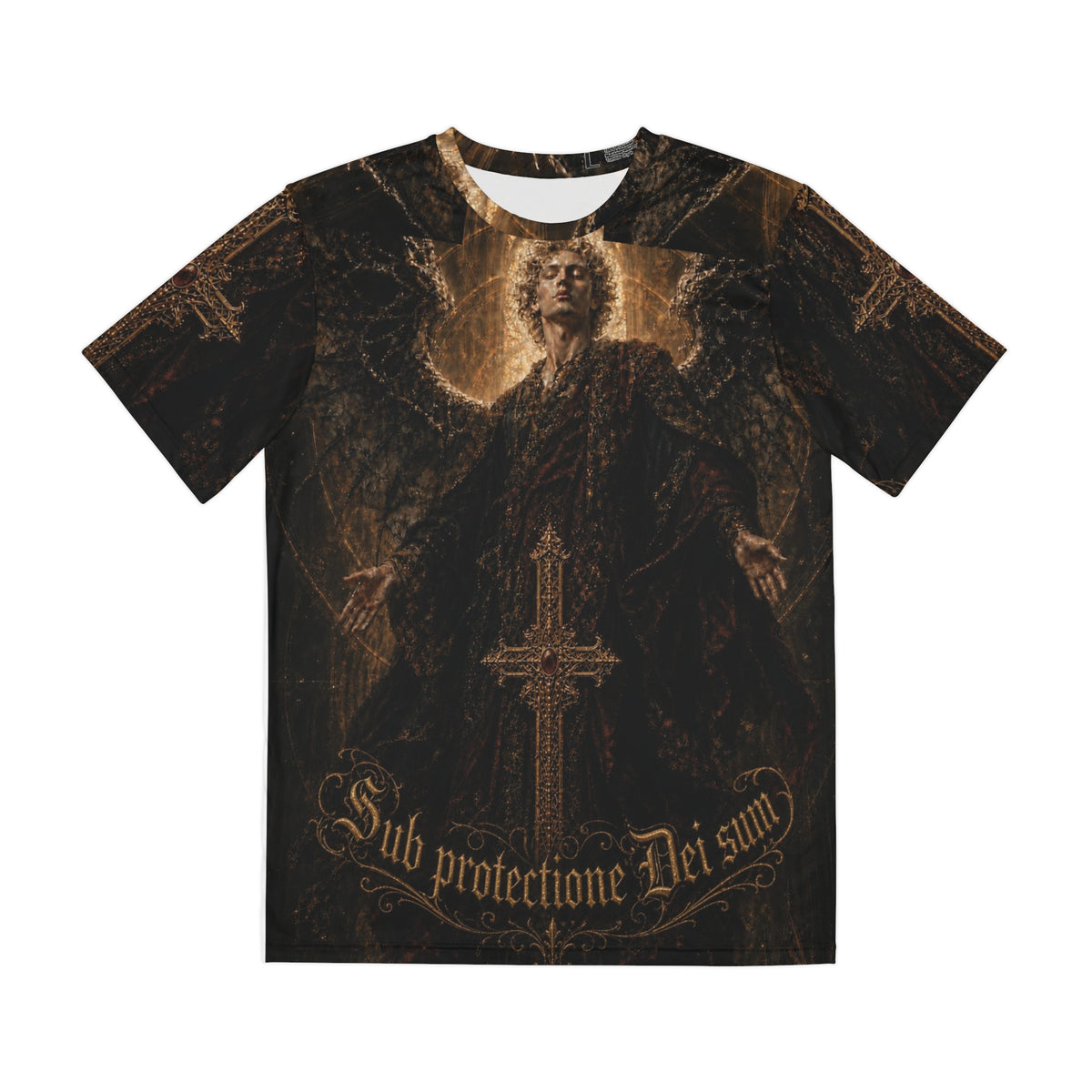 Gothic Angel Tee — 'Sub protectione Dei sum' All-Over Print