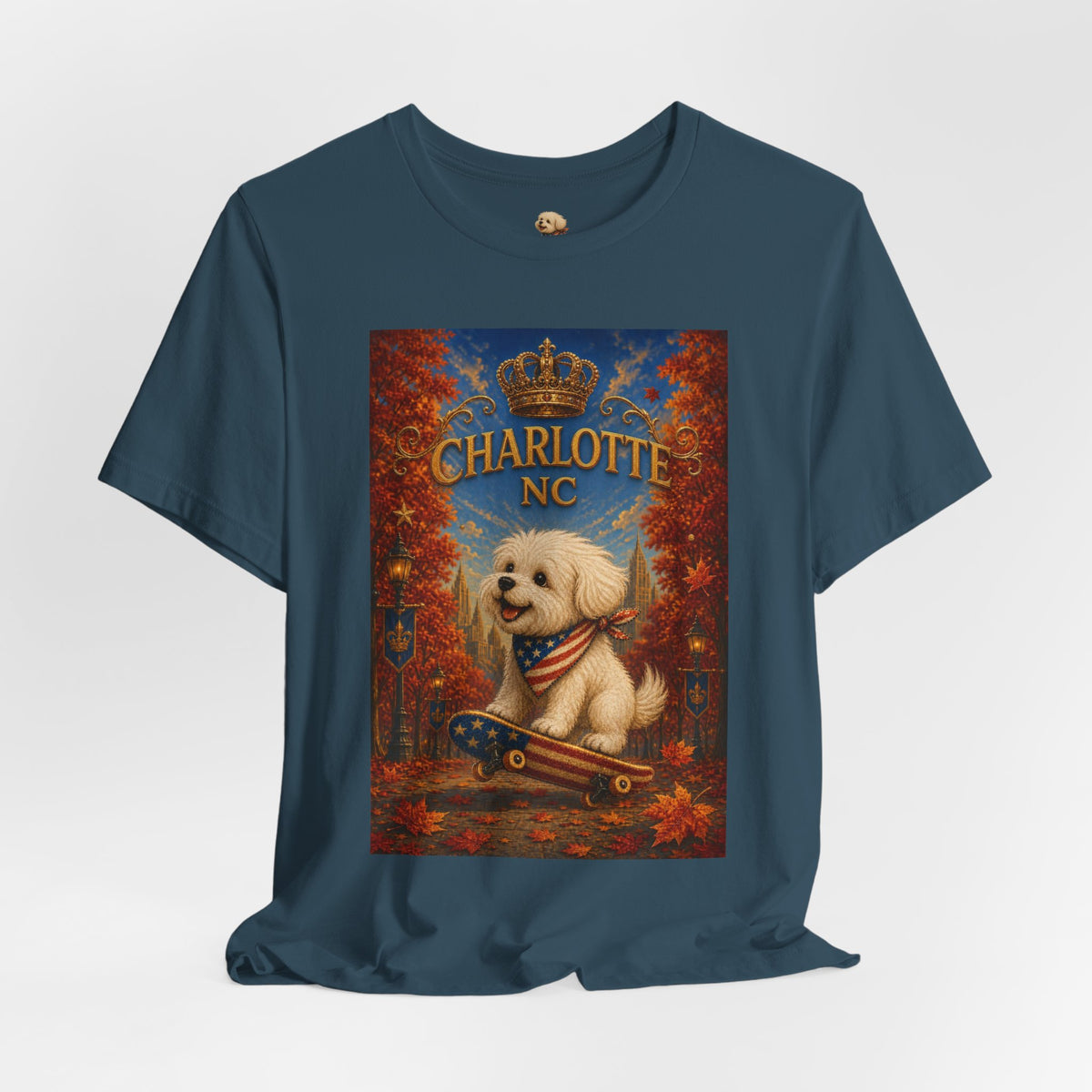 Charlotte NC Dog Tee — Cute Pup on Skateboard Patriotic T‑Shirt