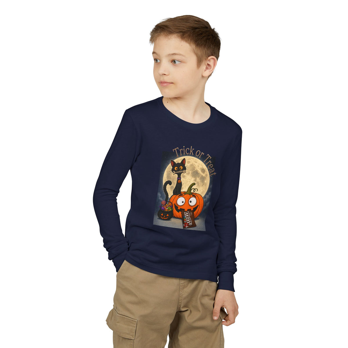 Kids' Halloween Long Sleeve Tee — 'Trick or Treat' Black Cat & Pumpkin Design