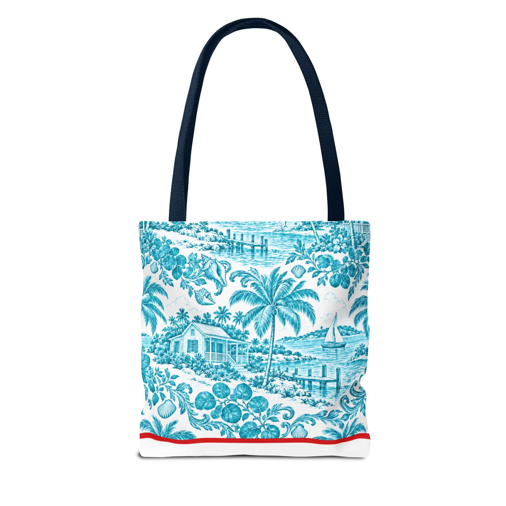 Turquoise coastal Toile Tote Bag- Palm Trees & Island Houses.