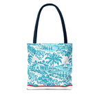 Turquoise coastal Toile Tote Bag- Palm Trees & Island Houses.