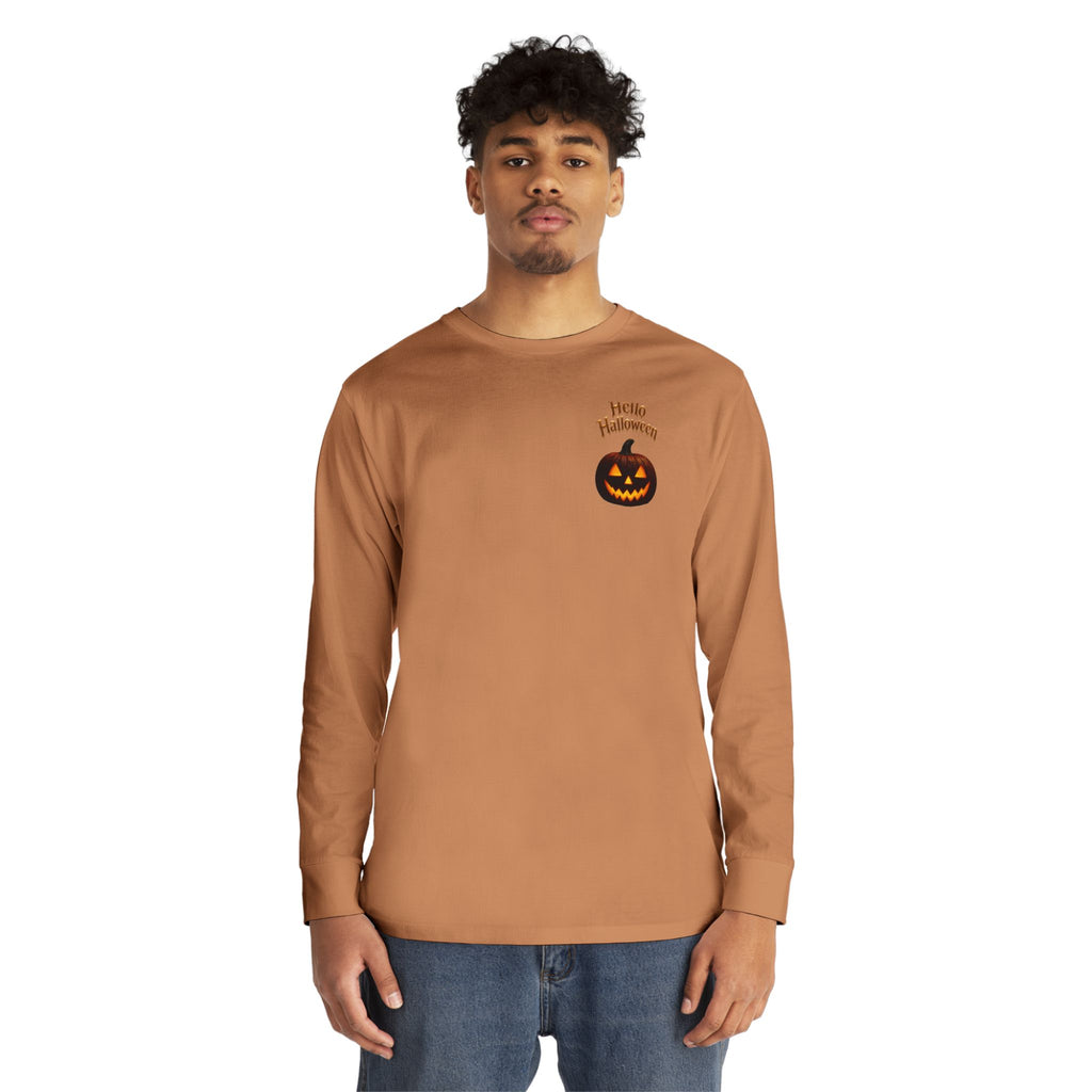 Halloween Cat Long Sleeve Tee — 'Hello Halloween' Jack-O'-Lantern Graphic