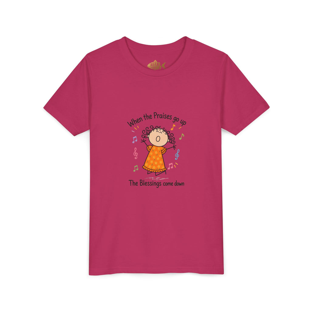 Youth Tee — "When the Praises Go Up, The Blessings Come Down" Kids Christian Shirt
