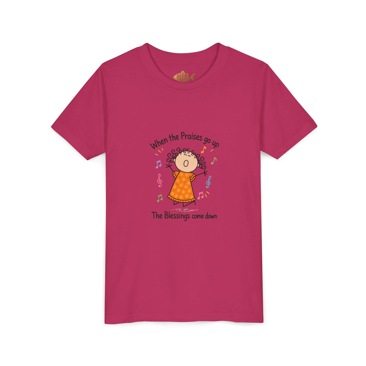 Youth Tee — "When the Praises Go Up, The Blessings Come Down" Kids Christian Shirt
