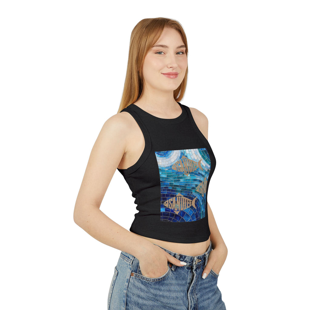 Ocean Mosaic Fish Racer Tank Top — Beachy Blue Graphic Crop Tank