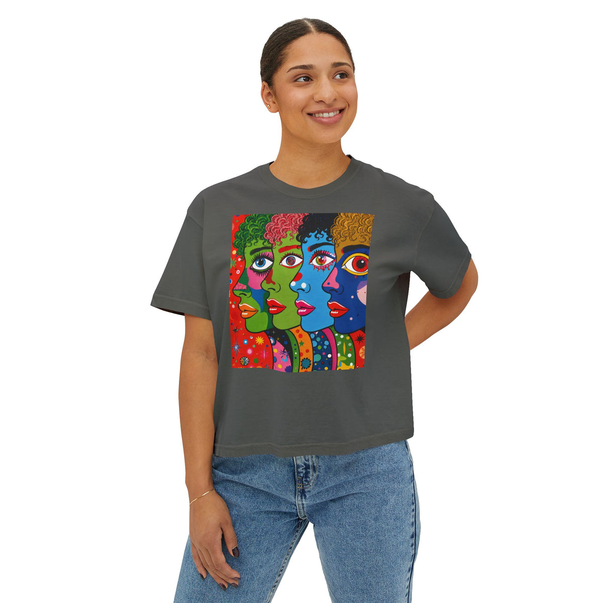 Women's Boxy Tee — Colorful Pop Art Faces Graphic Cropped T‑Shirt