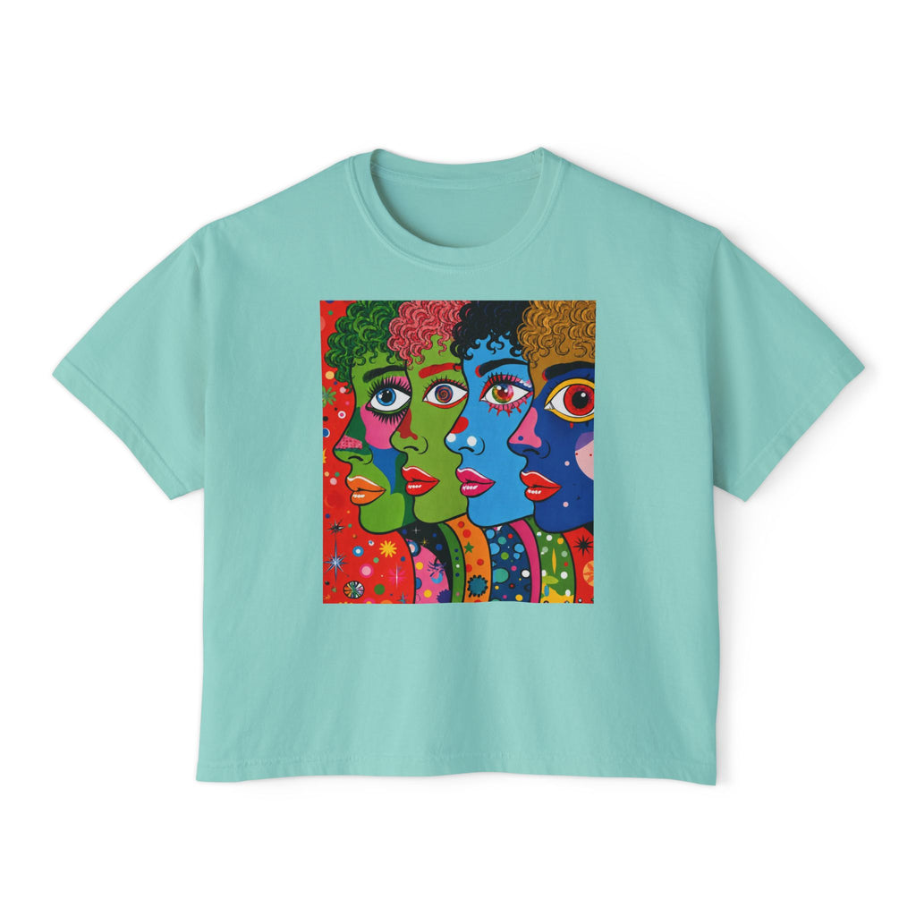 Women's Boxy Tee — Colorful Pop Art Faces Graphic Cropped T‑Shirt