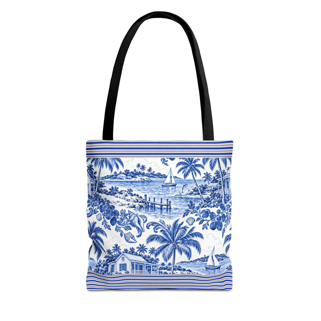Nassau Blue Coastal Toile Tote Bag — Nautical Bahama / Palm Beach Scene All-Over Print