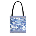 Nassau Blue Coastal Toile Tote Bag — Nautical Bahama / Palm Beach Scene All-Over Print