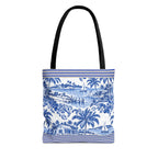 Nassau Blue Coastal Toile Tote Bag — Nautical Bahama / Palm Beach Scene All-Over Print