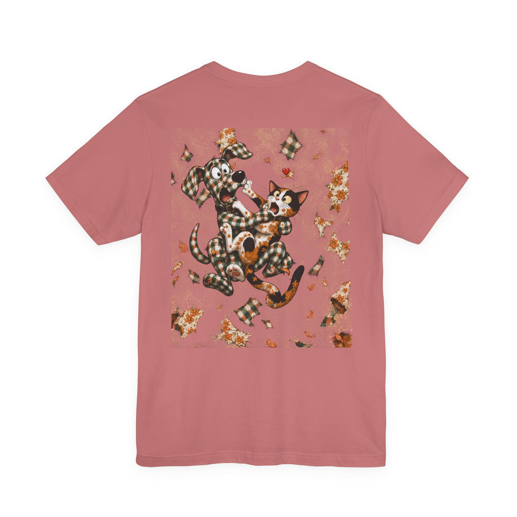 Gingham Dog & Calico Cat Tee — Plaid Pet Illustration T-Shirt