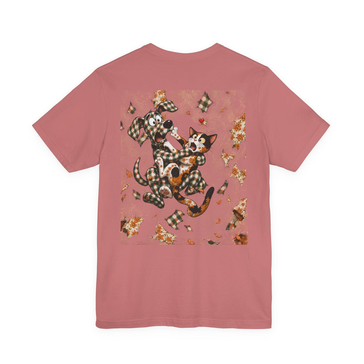 Gingham Dog & Calico Cat Tee — Plaid Pet Illustration T-Shirt
