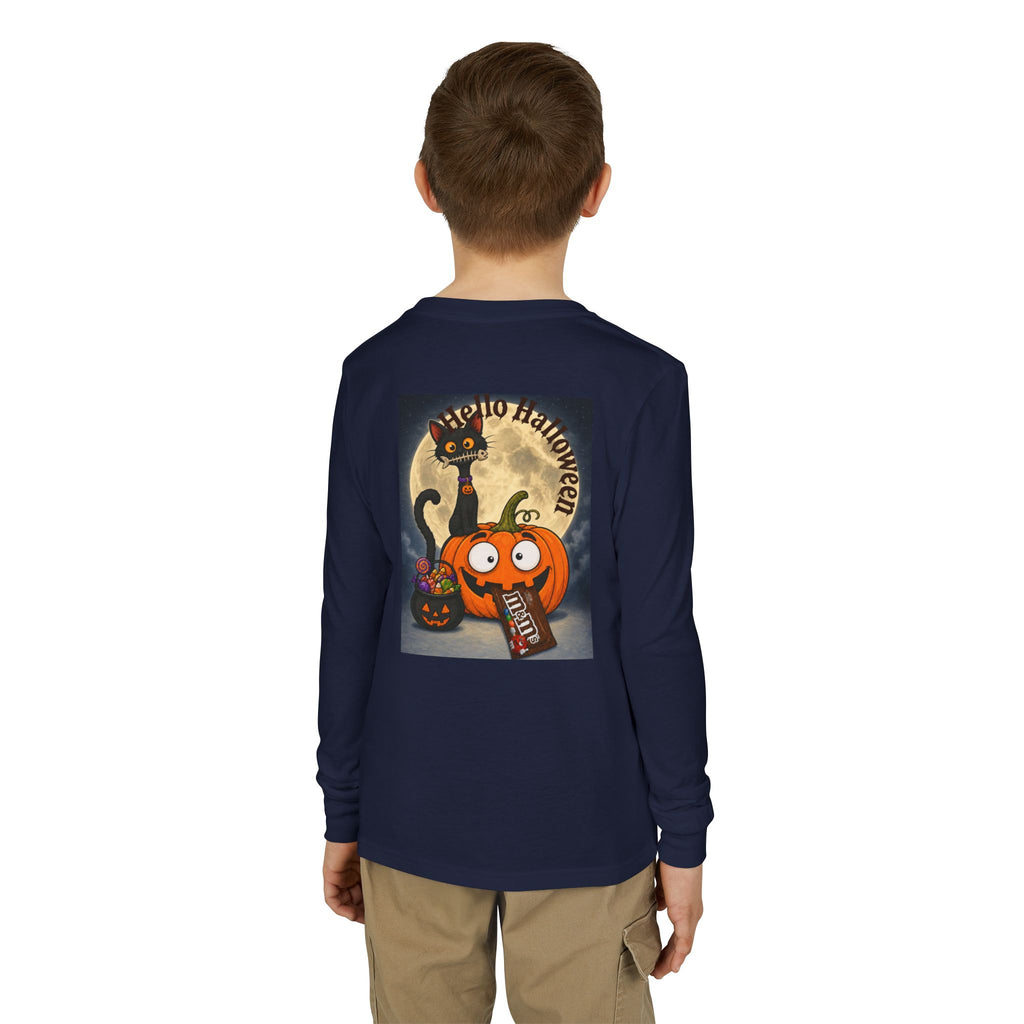 Kids' Halloween Long Sleeve Tee — 'Trick or Treat' Black Cat & Pumpkin Design