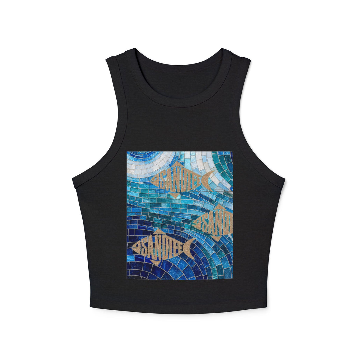 Ocean Mosaic Fish Racer Tank Top — Beachy Blue Graphic Crop Tank