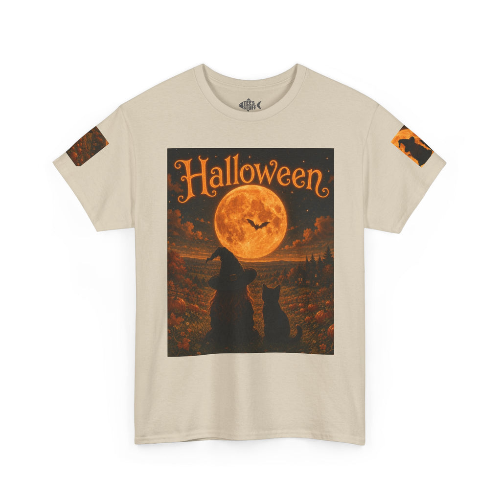 Halloween Graphic Tee — "It's Halloween" Witch & Cat Moon Design