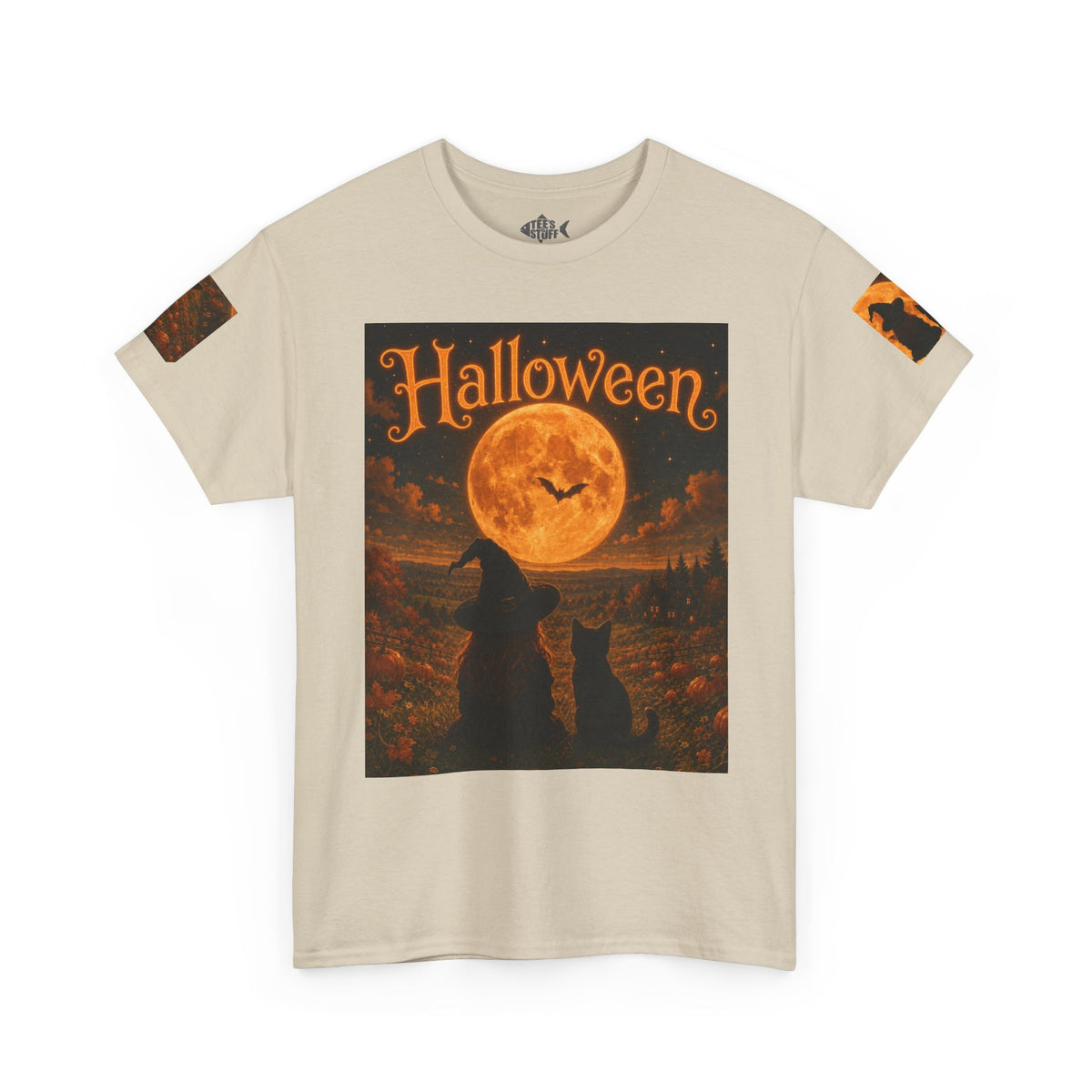 Halloween Graphic Tee — "It's Halloween" Witch & Cat Moon Design