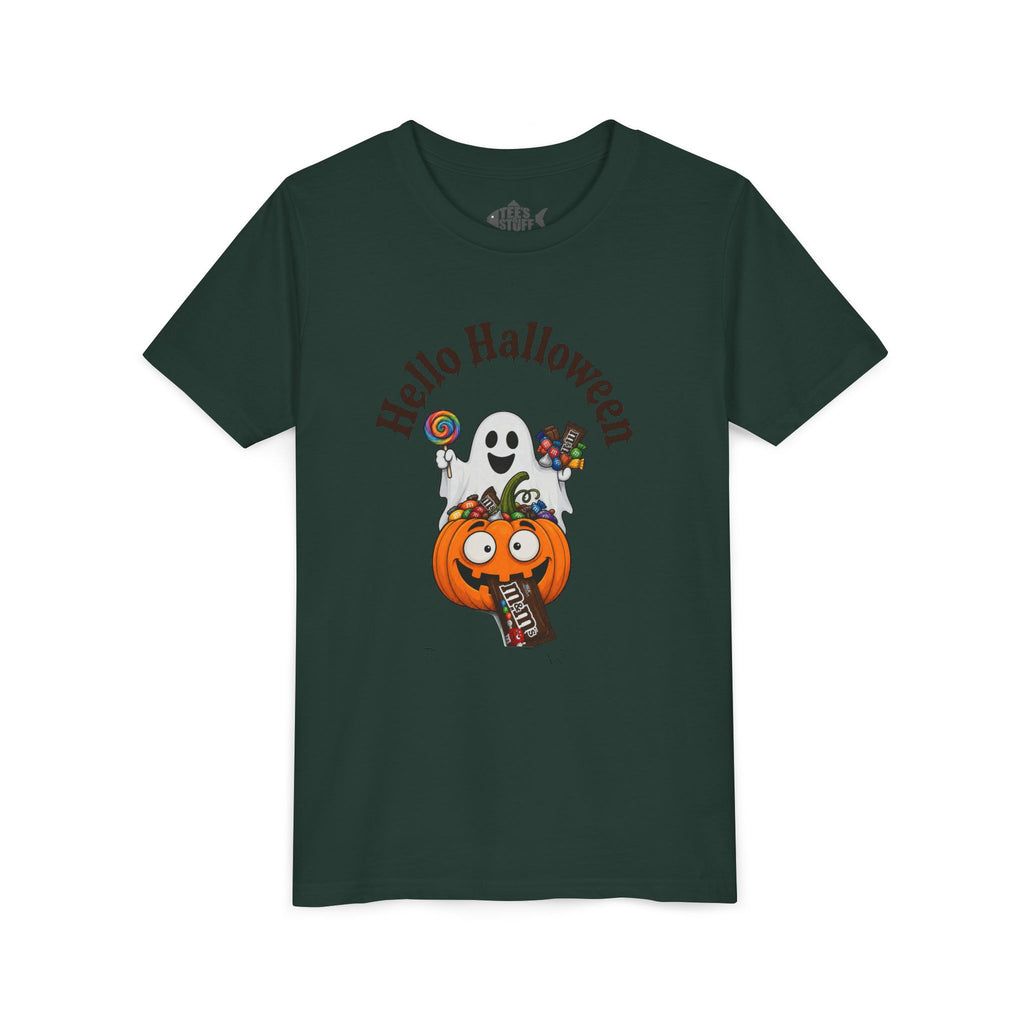 Youth Halloween Tee - "Hello Halloween" Ghost & Pumpkin Trick-or-Treat Shirt