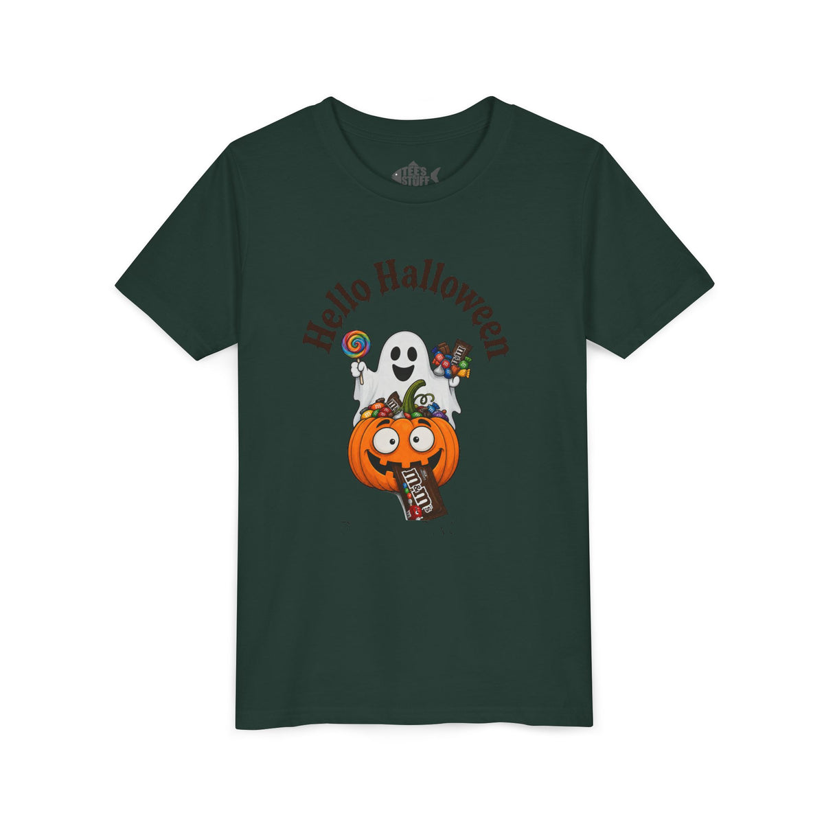 Youth Halloween Tee - "Hello Halloween" Ghost & Pumpkin Trick-or-Treat Shirt
