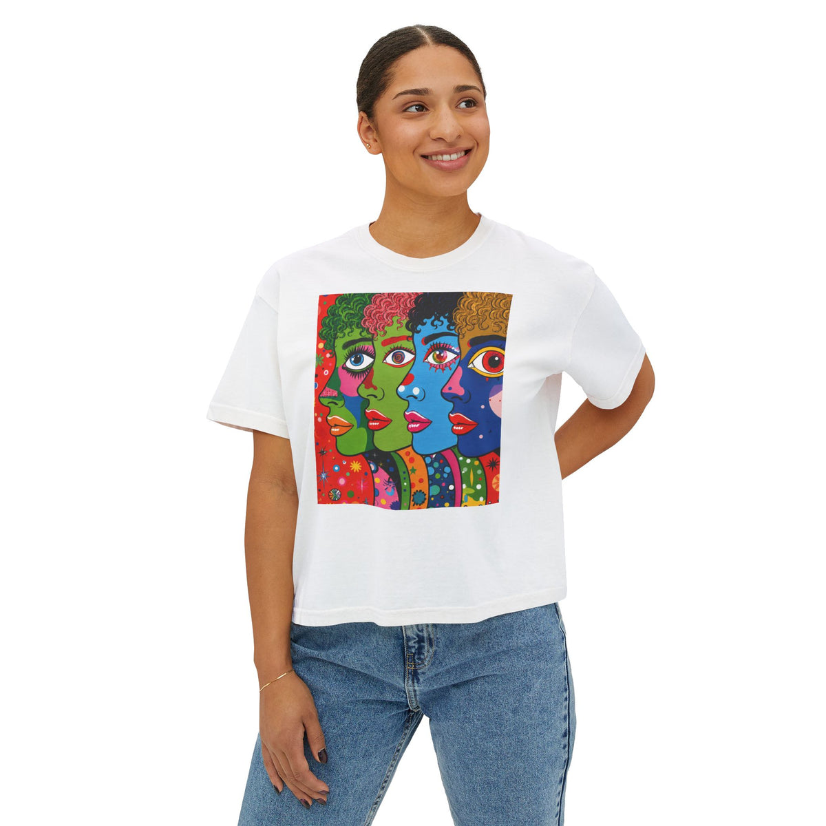 Women's Boxy Tee — Colorful Pop Art Faces Graphic Cropped T‑Shirt