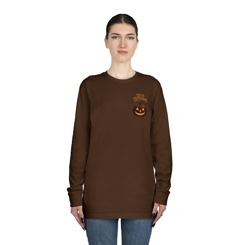 Halloween Cat Long Sleeve Tee — 'Hello Halloween' Jack-O'-Lantern Graphic