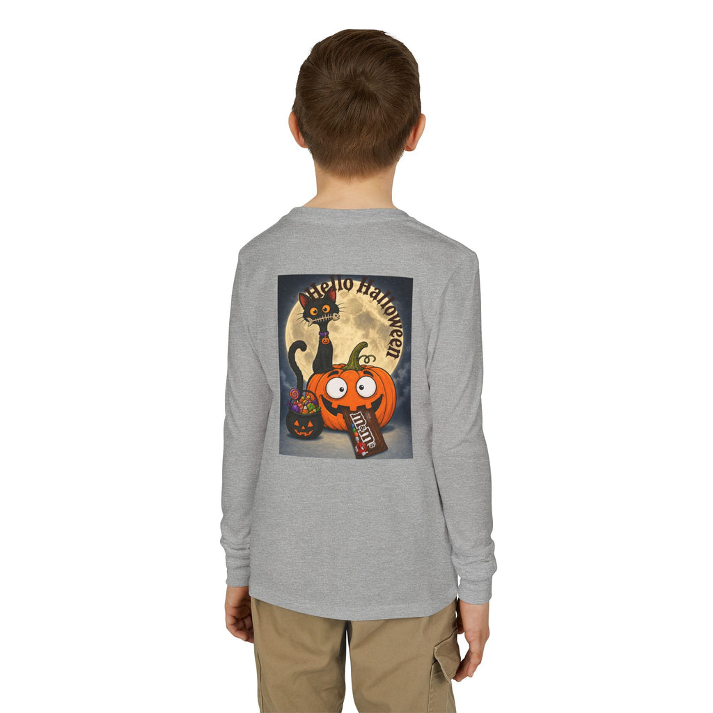 Kids' Halloween Long Sleeve Tee — 'Trick or Treat' Black Cat & Pumpkin Design