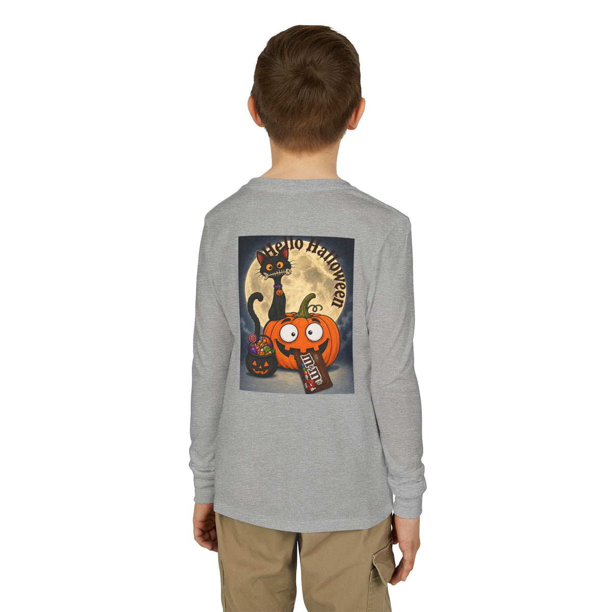 Kids' Halloween Long Sleeve Tee — 'Trick or Treat' Black Cat & Pumpkin Design