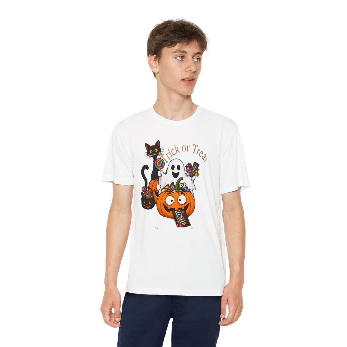 Kids Halloween Trick or Treat T-Shirt — Cute Pumpkin, Ghost & Black Cat Design