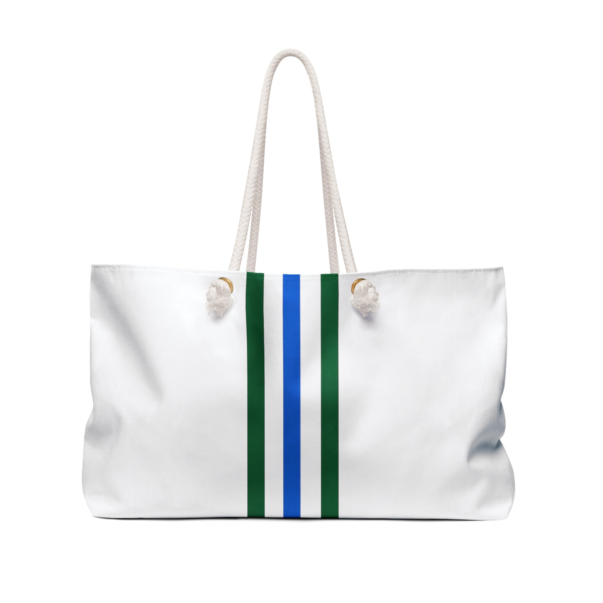 Striped Canvas Weekender Bag — White with Blue & Green Center Stripe