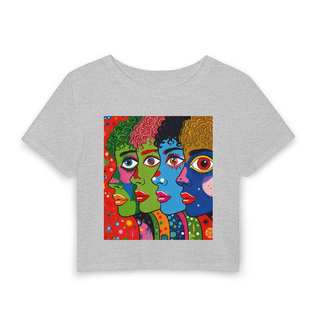 Pop Art Faces Crop Tee — Colorful Women's Baby Tee