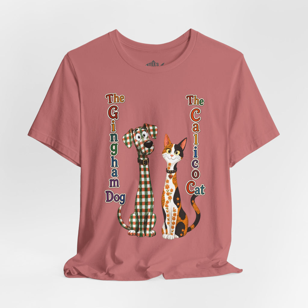 Gingham Dog & Calico Cat Tee — Plaid Pet Illustration T-Shirt