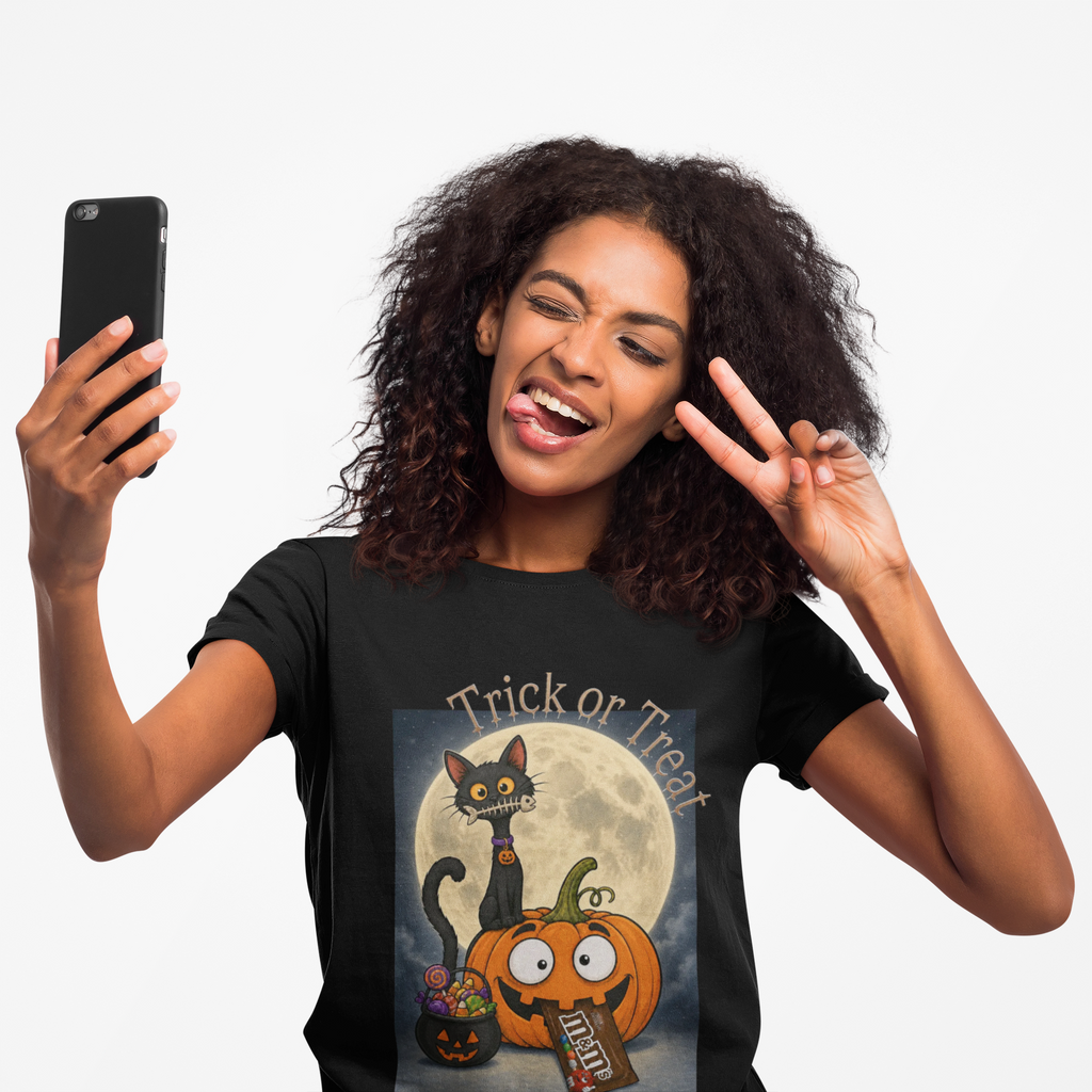 Kids' Halloween Long Sleeve Tee — 'Trick or Treat' Black Cat & Pumpkin Design